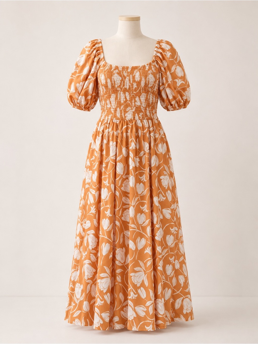 Moon River Women’s Orange Puff Sleeve Floral Square-Neck Smocked Midi Dress S